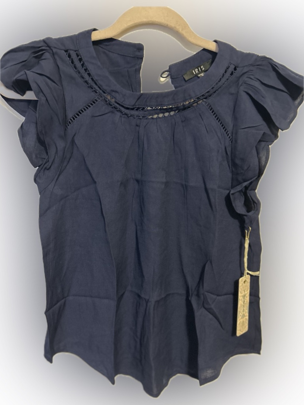 iris Navy Blue Crochet Yoke Flutter Sleeve Blouse